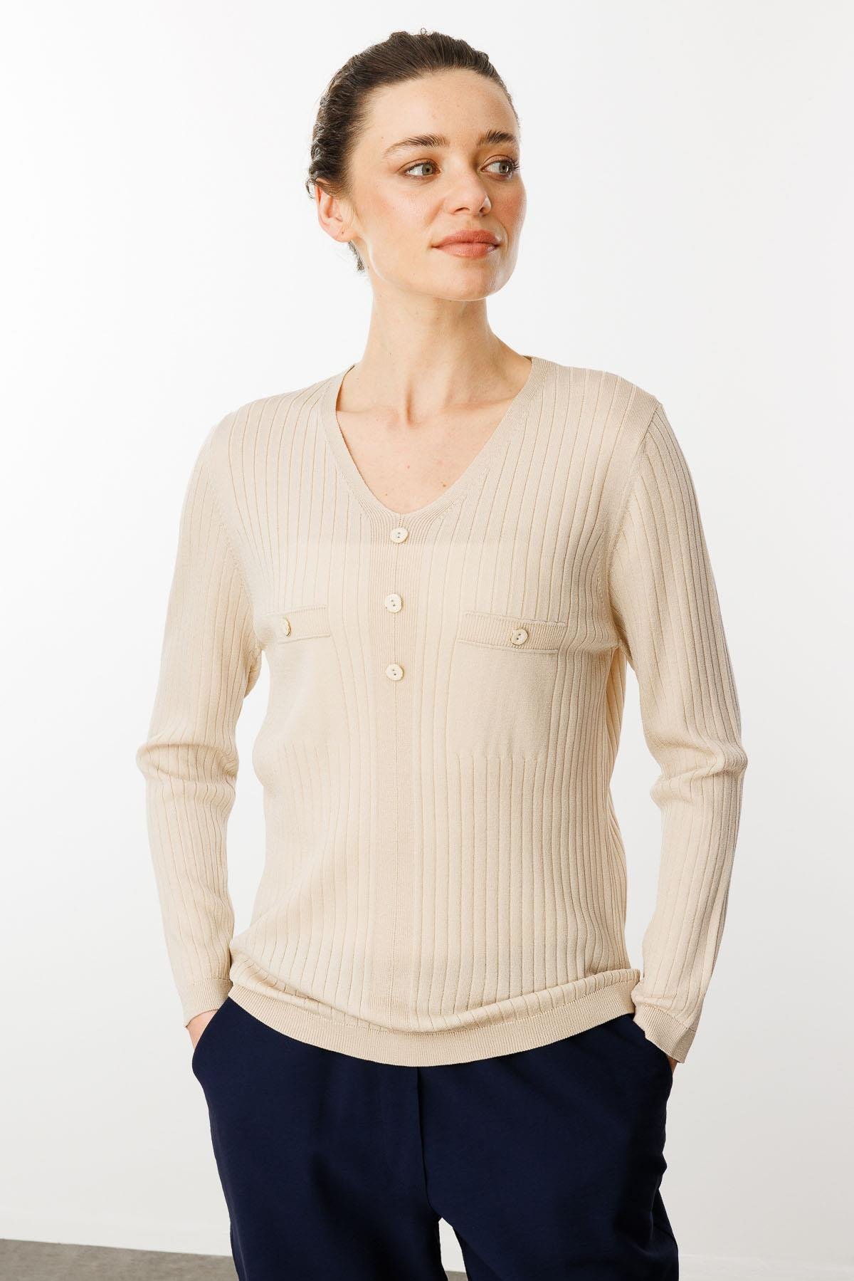 25353Kadın V Yaka Fitilli Triko Bluz Bej