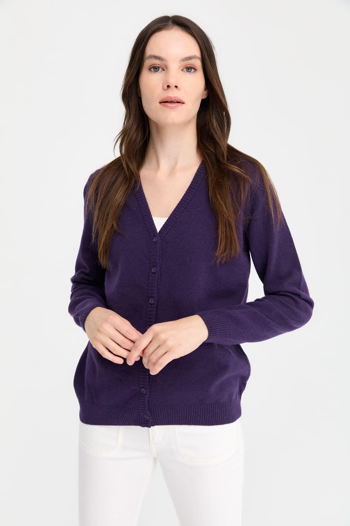 21021Kadın V Yaka Hırka Yün K.Mor