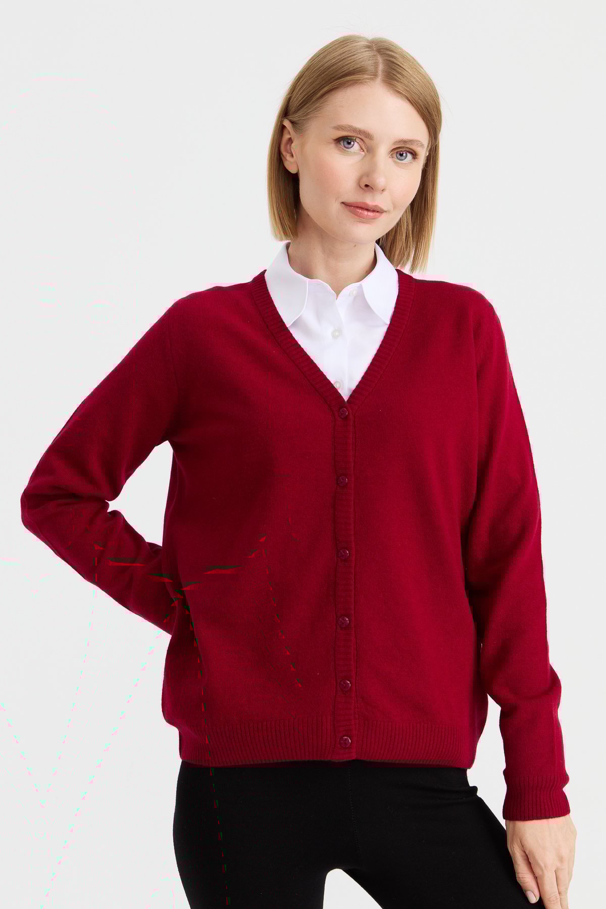 21021Kadın V Yaka Hırka Yün Vişne