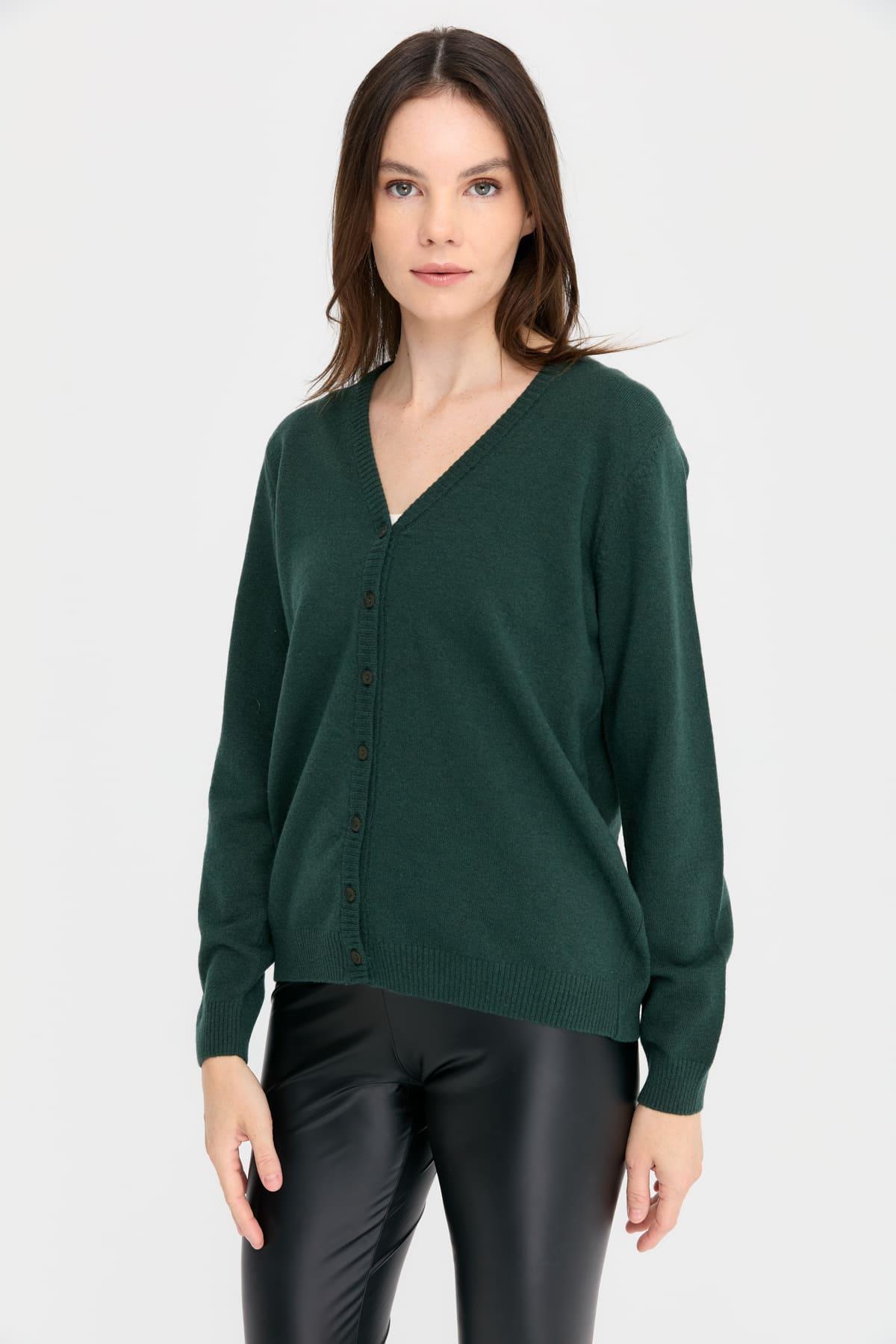 21021Kadın V Yaka Hırka Yün Yeşil
