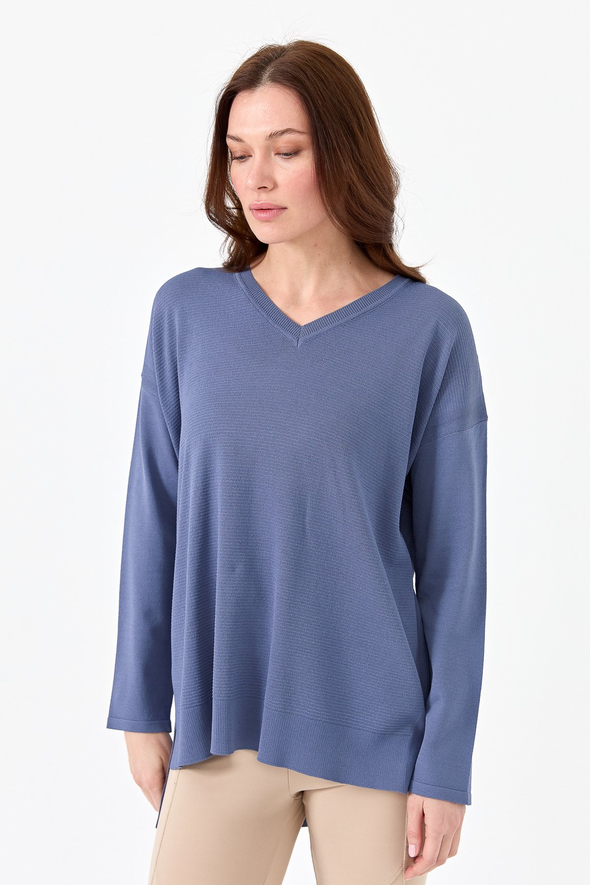 20352Kadın V Yaka İnce Triko Bluz İndigo