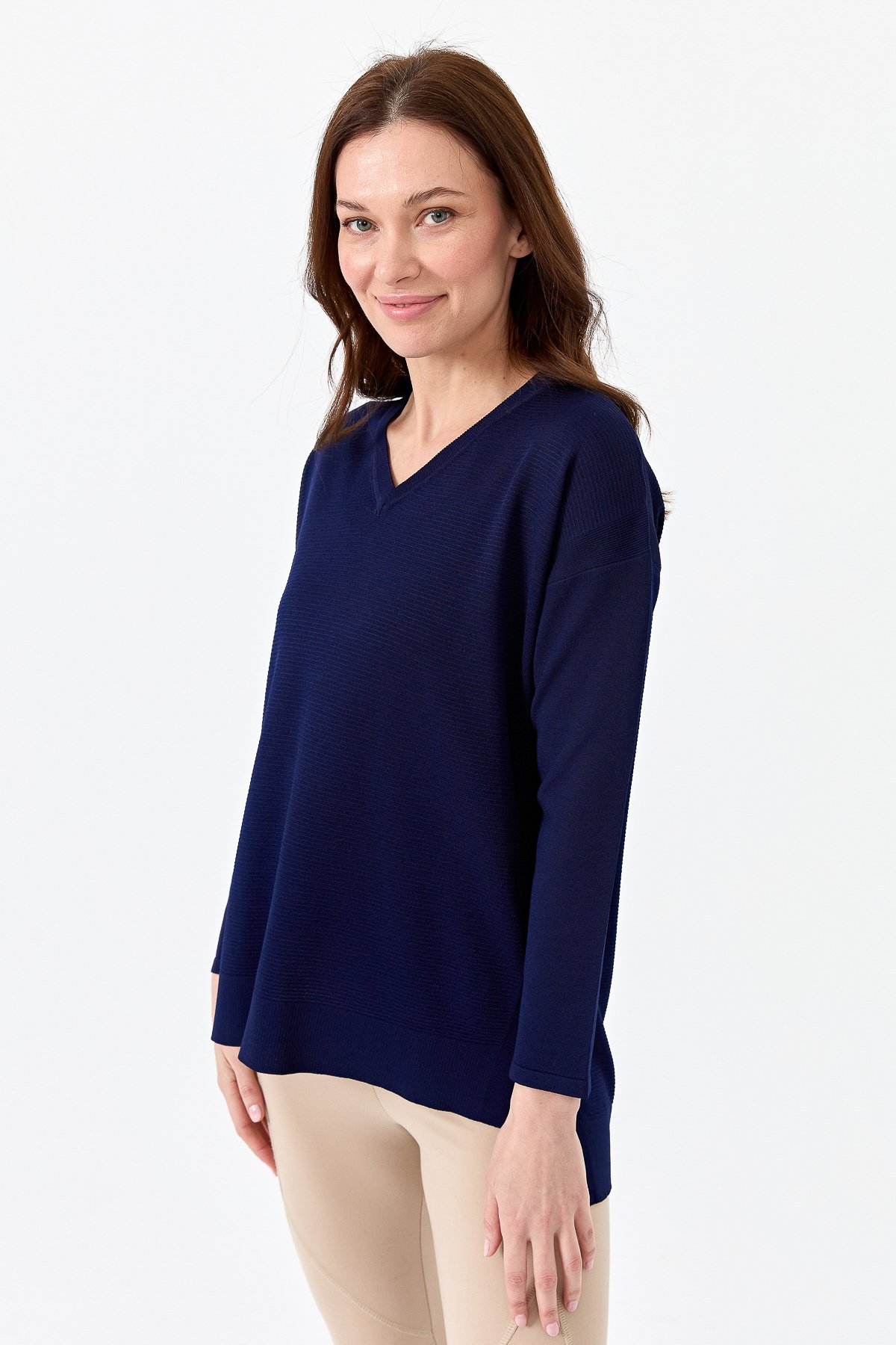 20352Kadın V Yaka İnce Triko Bluz Lacivert