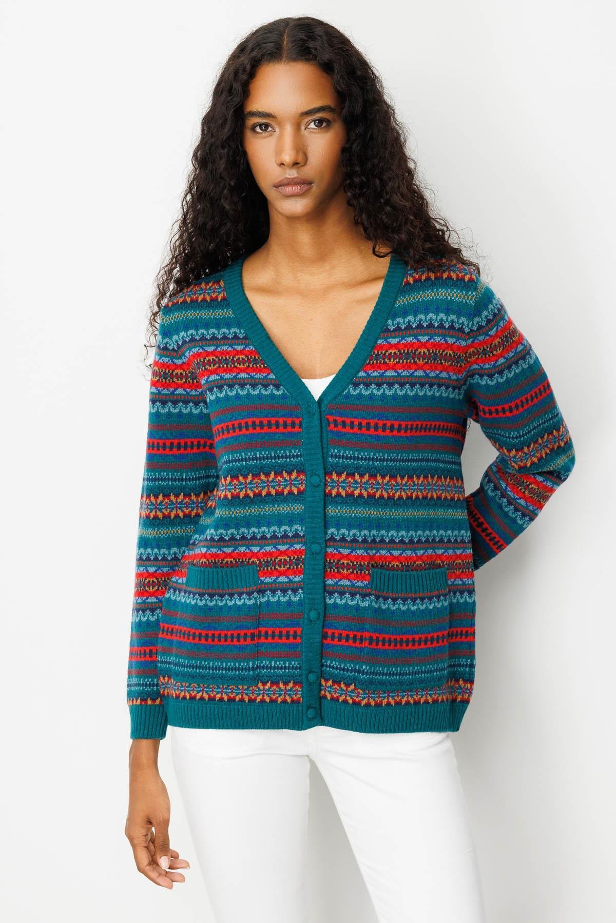 25101Kadın V Yaka Jakarlı Yün Hırka K.Ö.başı