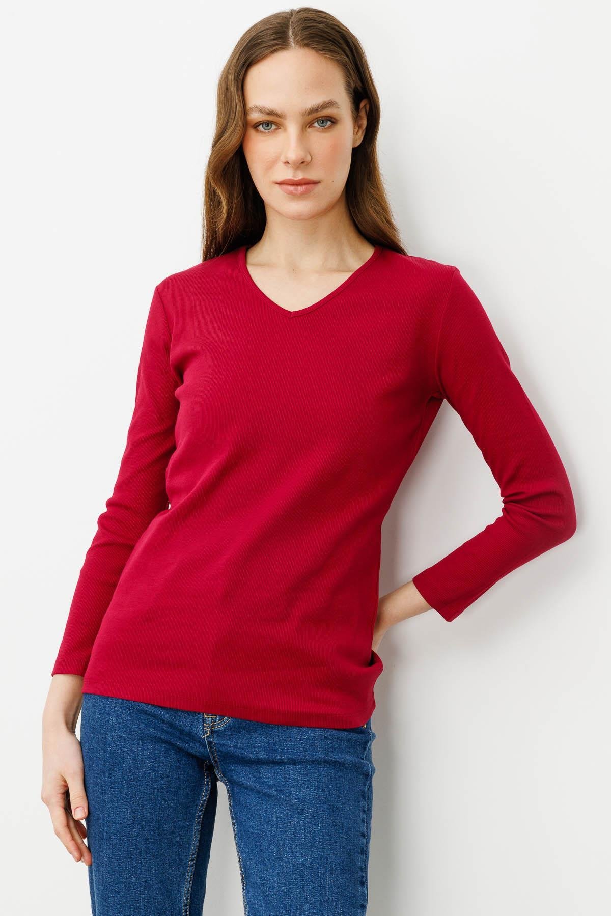 20794Kadın V Yaka Kaşkorse Penye Bluz Vişne