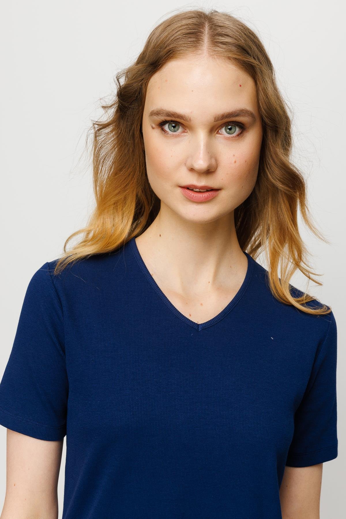 23753Kadın V Yaka Kaşkorse Pamuk T-shirt Lacivert