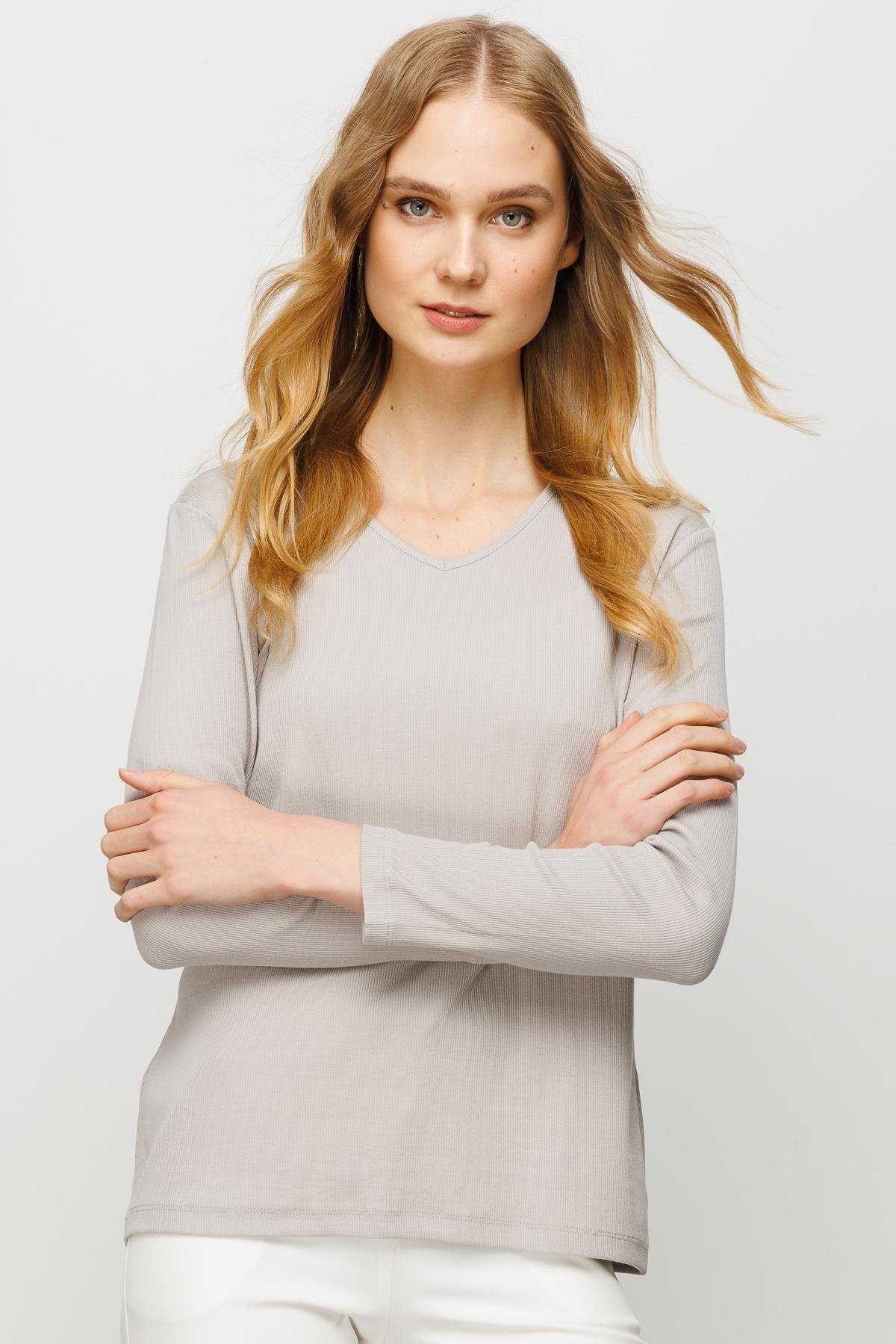 23754Kadın V Yaka Kaşkorse Pamuklu  Bluz Taş