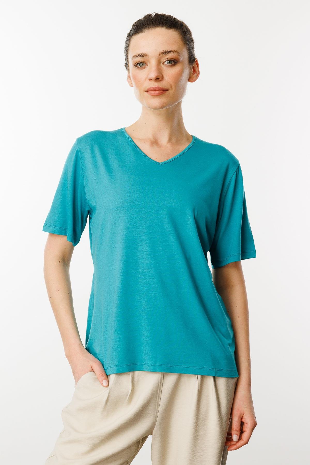 23788Kadın V Yaka Kısa Kollu Penye T-Shirt Yeşil