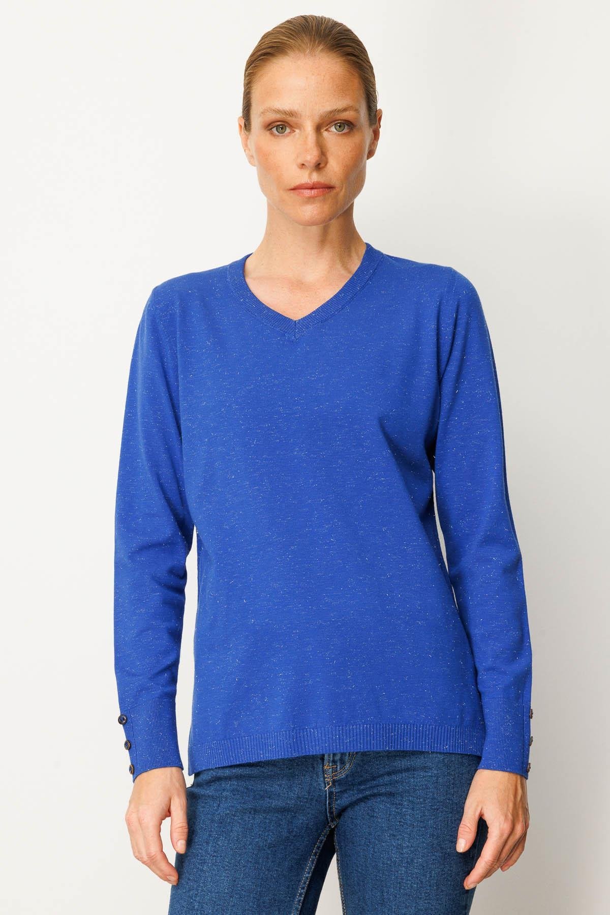 23393Kadın V Yaka Kolları Düğmeli Simli Bluz S.Mavi