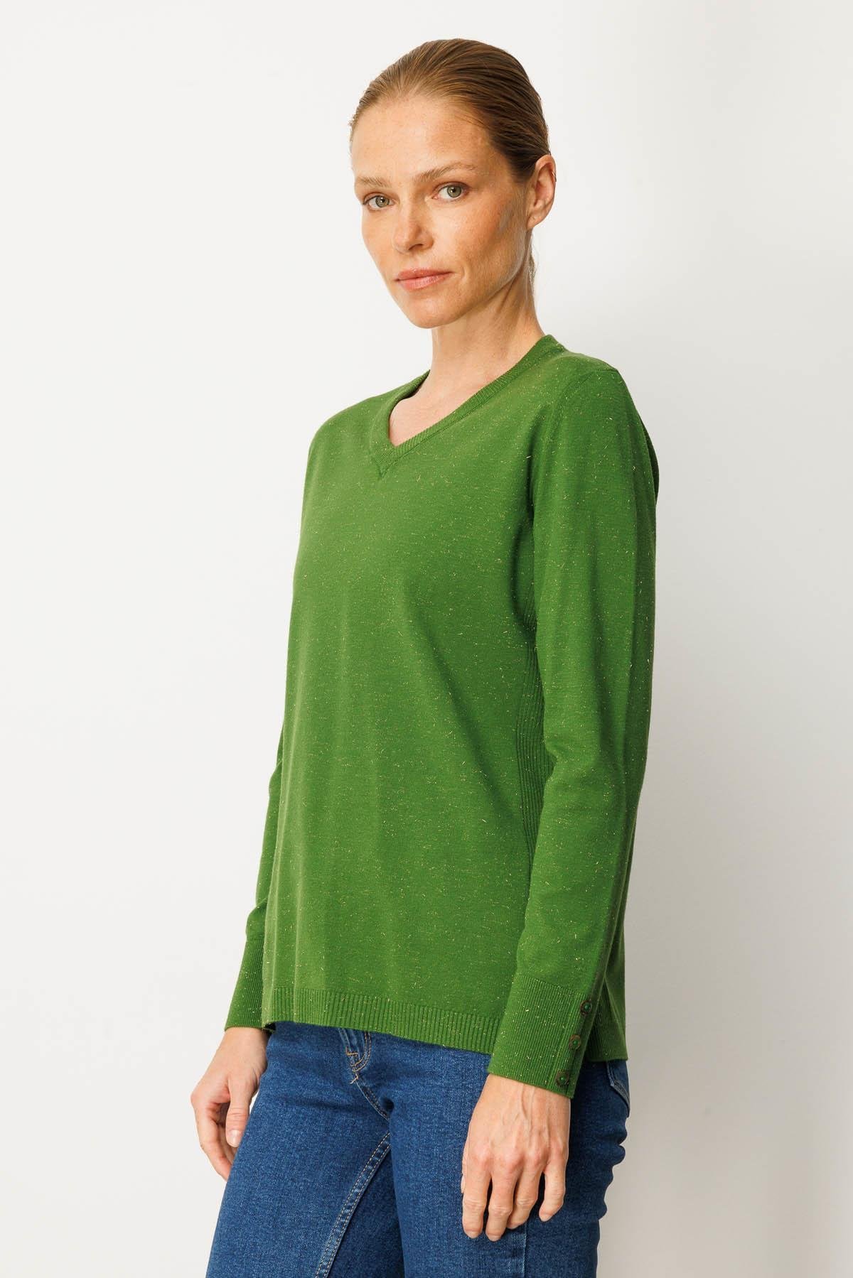 23393Kadın V Yaka Kolları Düğmeli Simli Bluz K.Yosun