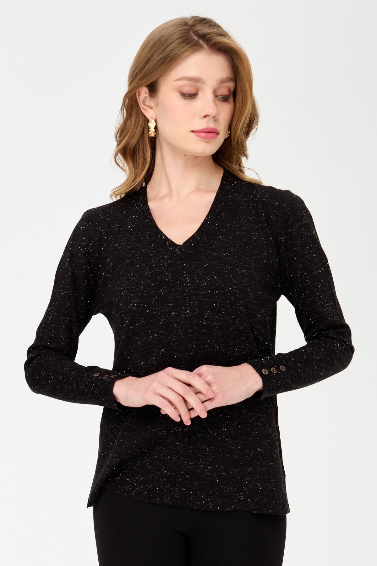 23393Kadın V Yaka Kolları Düğmeli Simli Bluz Siyah