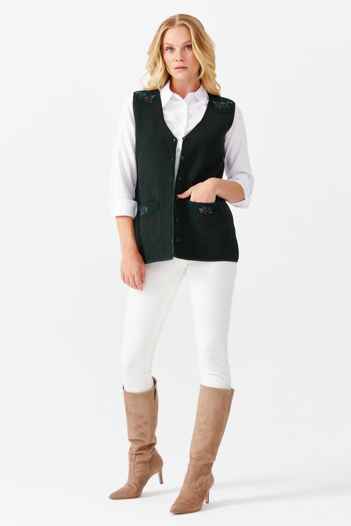 22114Женский жилет на пуговицах с v-образным вырезом и карманом на плече с отделкой , зеленый 