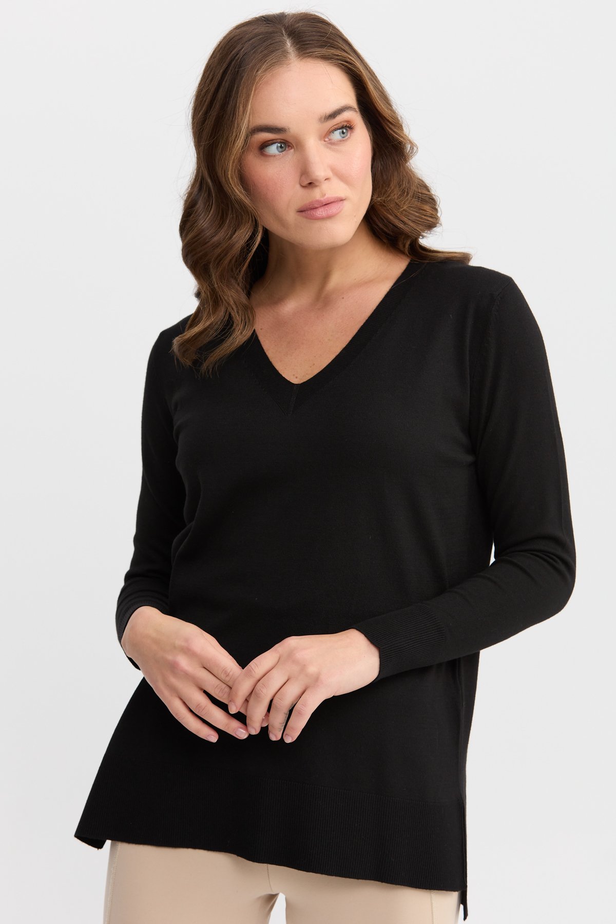 22364Kadın V Yaka Önü Arkası Yırtmaçlı Kazak Siyah