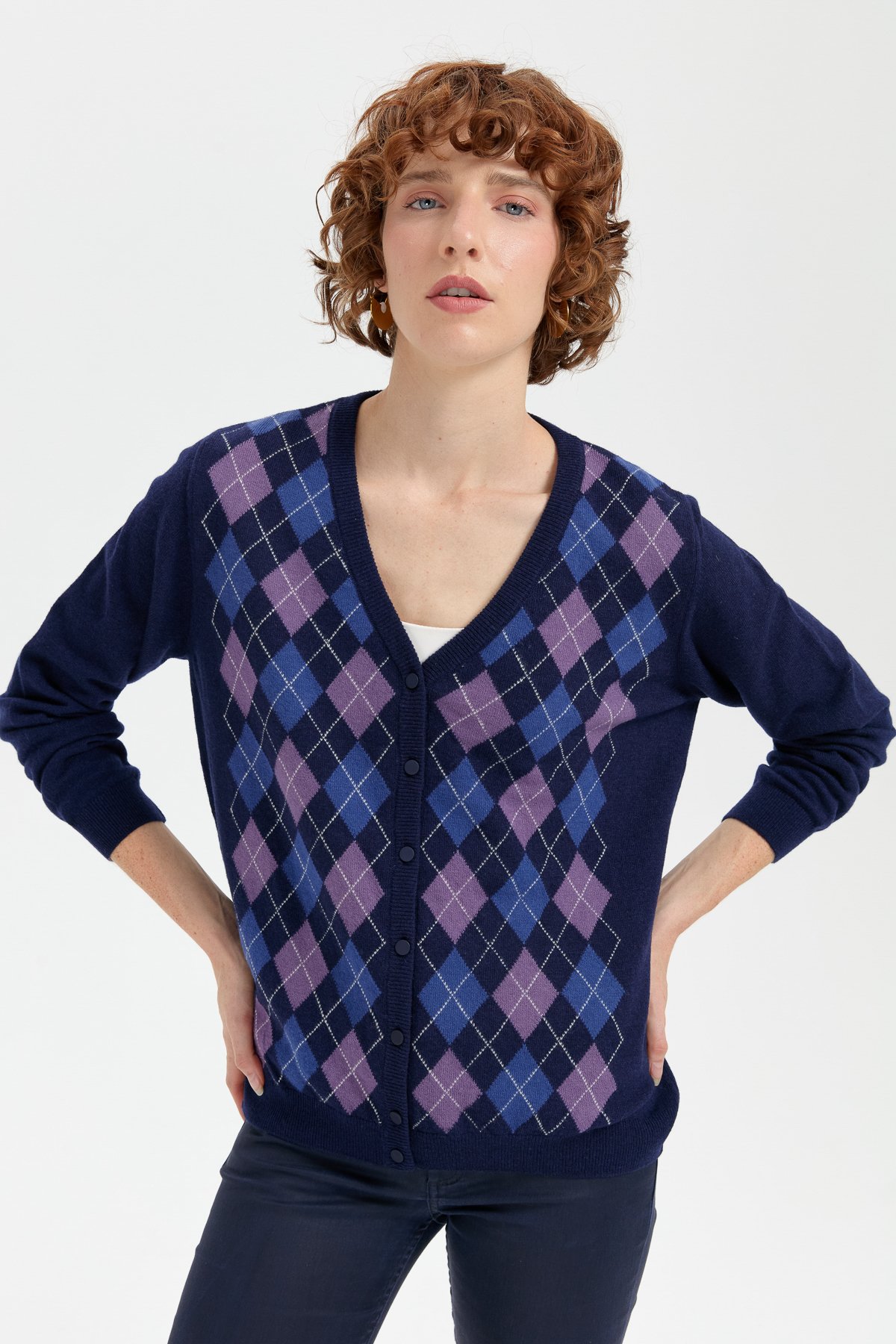 24040Kadın V Yaka Önü Baklavalı Hırka Y.A Lacivert