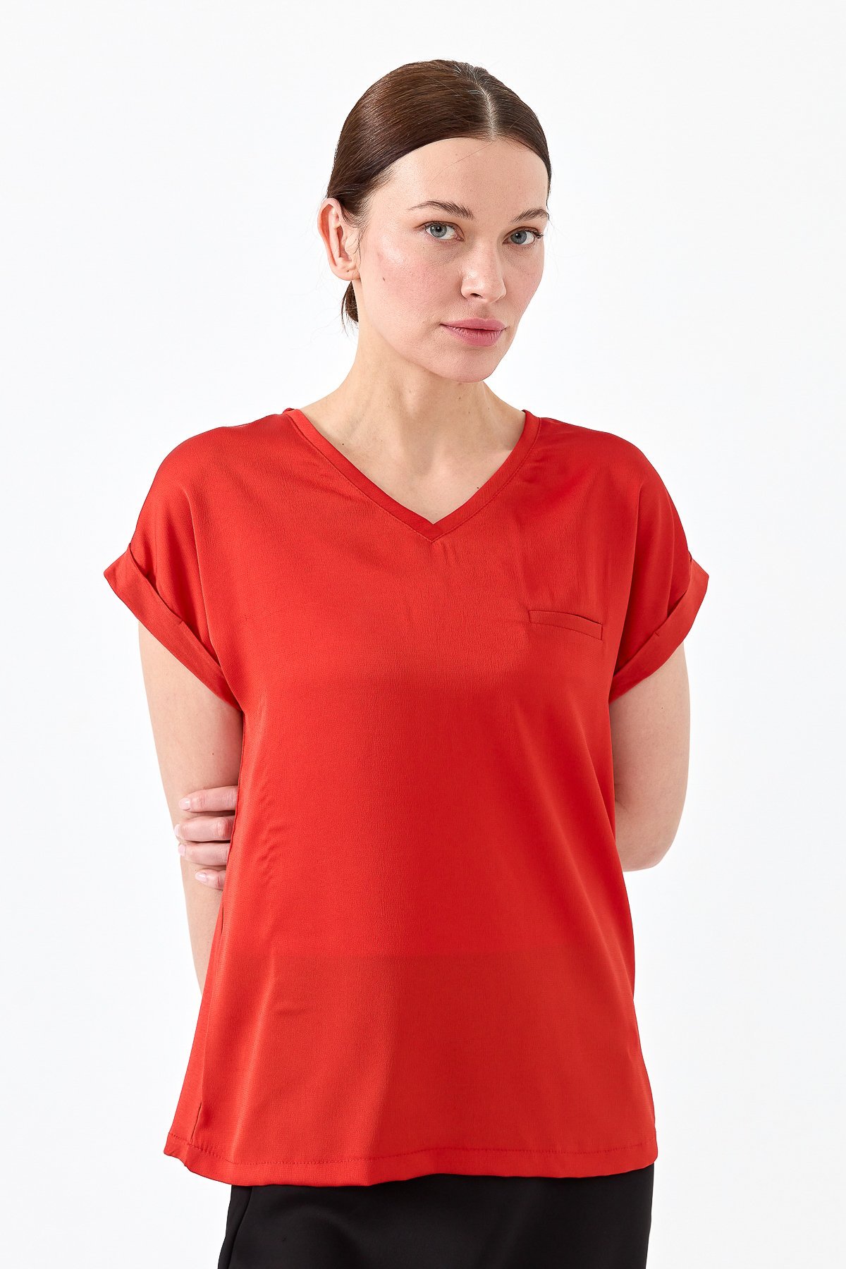 22706Kadın V Yaka Önü Saten Bluz Oranj