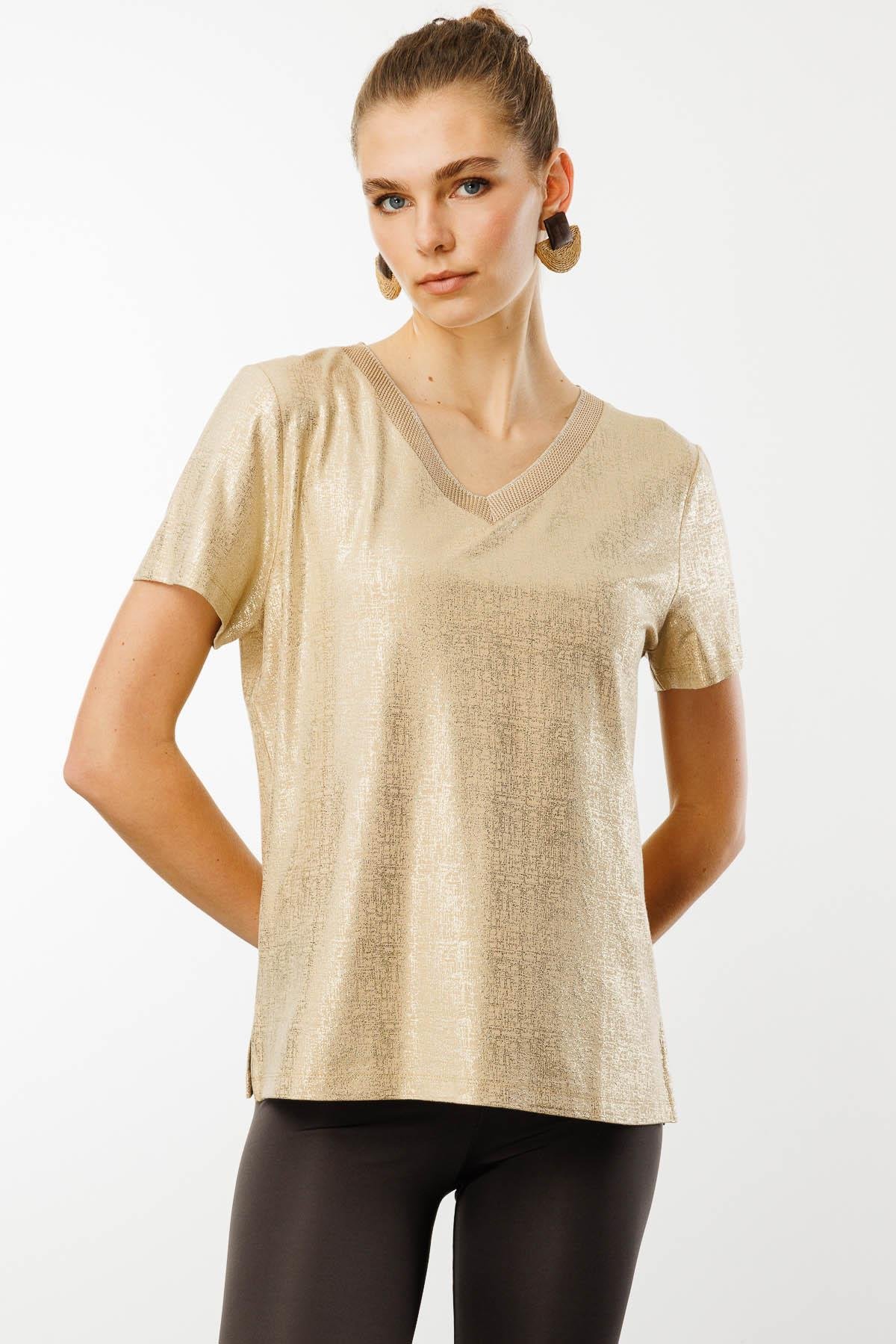 25812Kadın V Yaka Parlak Baskılı Penye T-Shirt Vizon