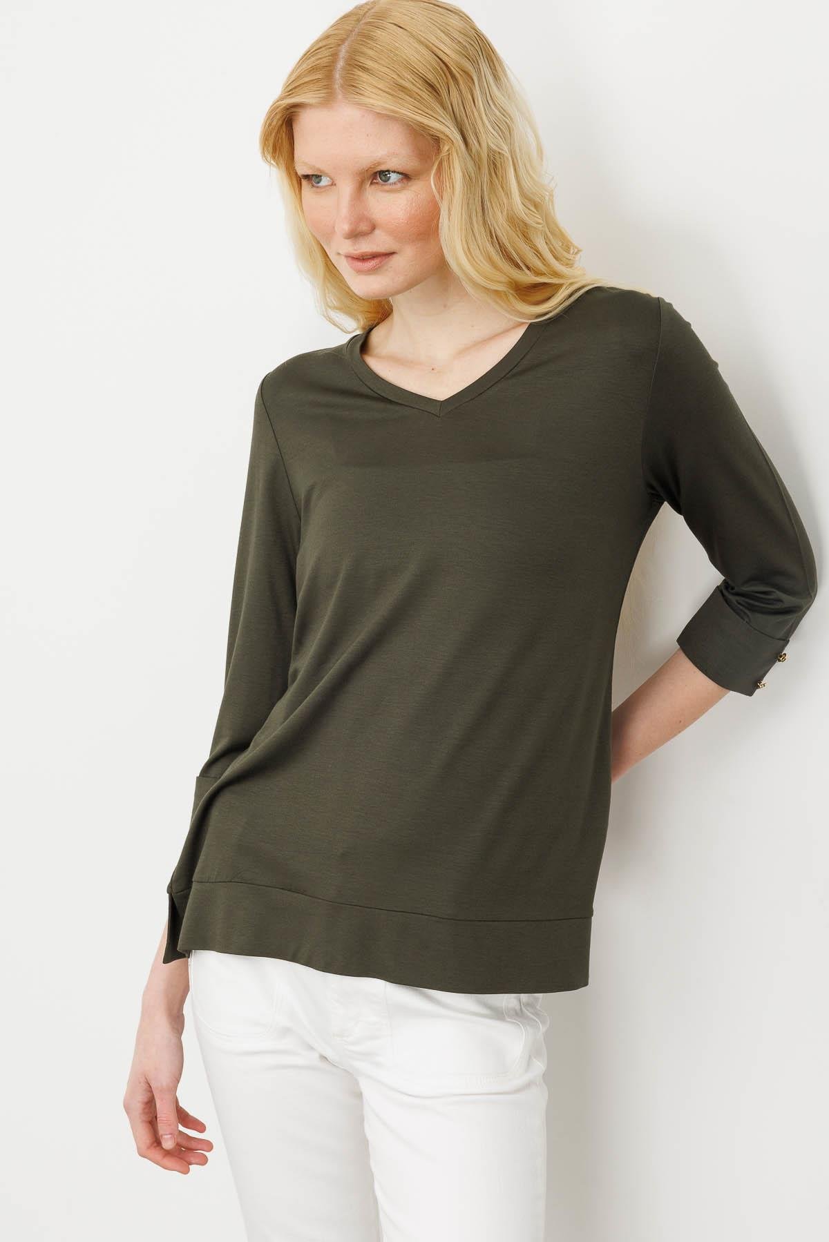 25753Kadın V Yaka Penye Bluz Haki