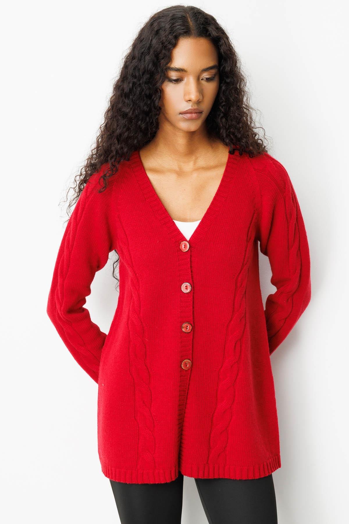 25178Kadın V Yaka Saç Örgülü Uzun Yün Hırka K.Kırmızı