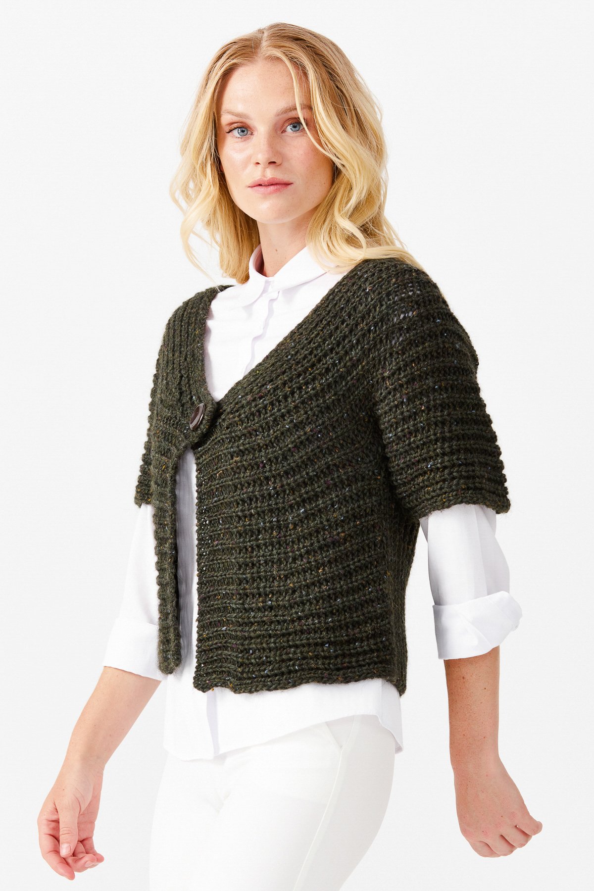 22194Женский короткий жилет на одной пуговице с v-образным вырезом, зеленый