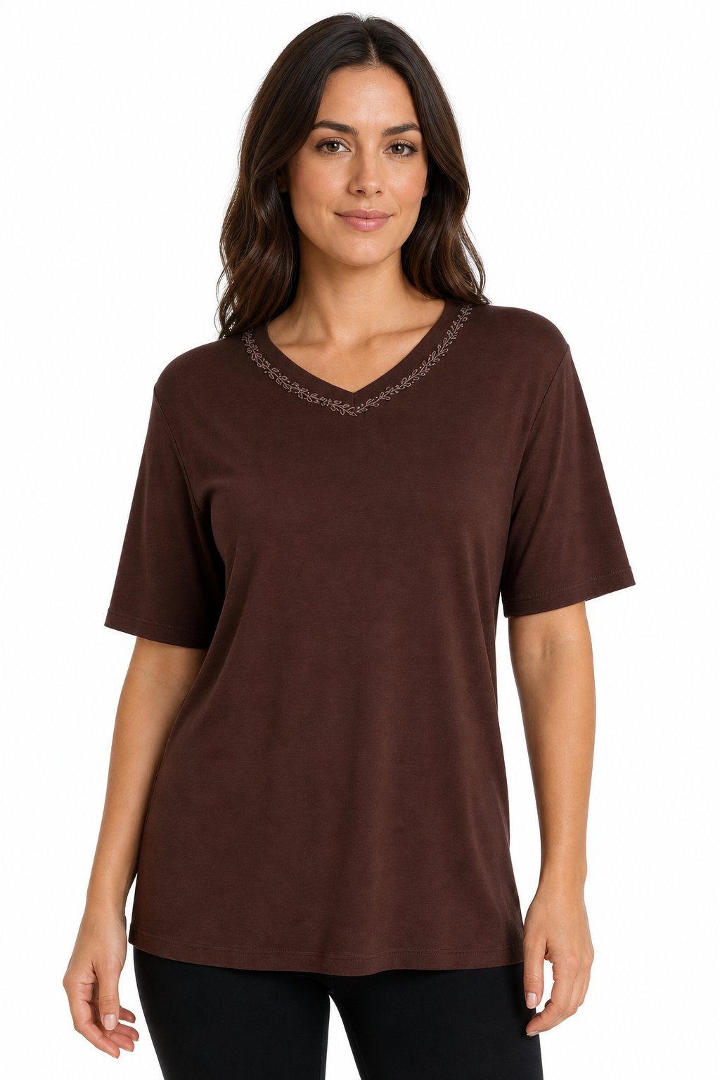 26704Kadın V Yaka Yaka Kenarı İşlemeli Penye T-shirt K.Kahve