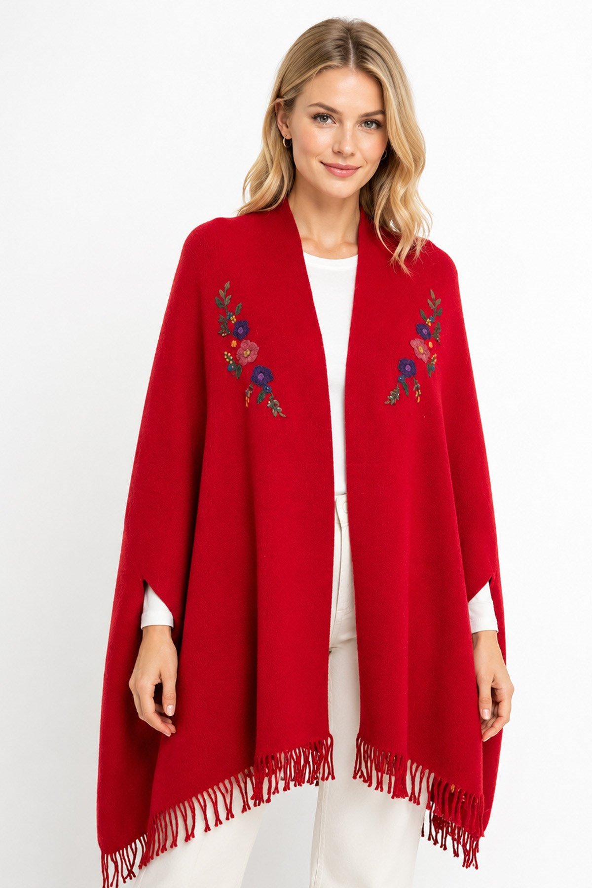 25060Women's Large Wool Poncho with Embroidered Collar and Sleeves