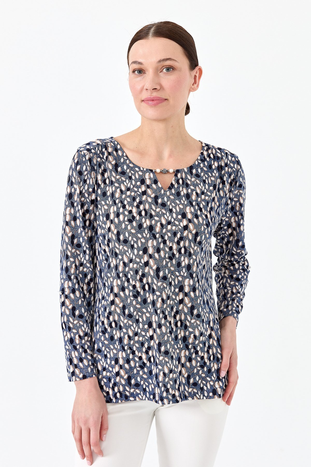 23467Kadın Yaprak Desenli Penye Bluz İndigo
