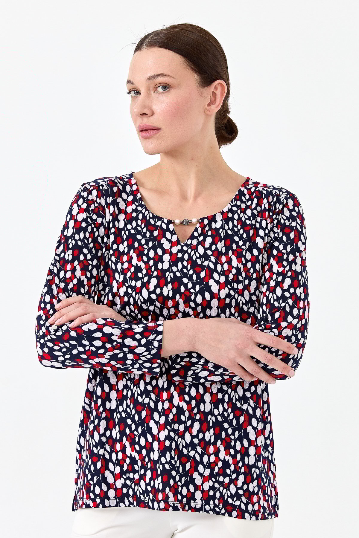 23467Kadın Yaprak Desenli Penye Bluz Lacivert