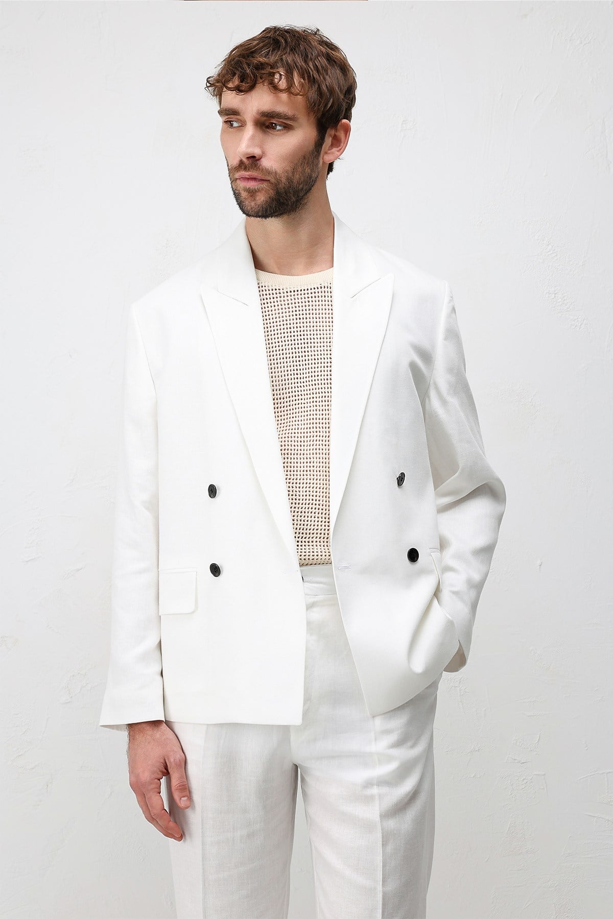 Antioch Beyaz Relax Fit Keten Karışımlı Erkek Blazer Ceket