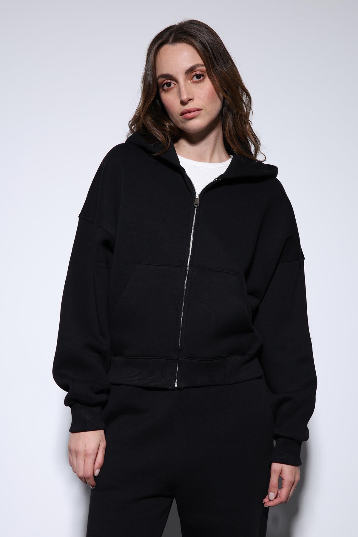 Antioch Siyah Fermuarlı Kapüşanlı Kadın Sweatshirt