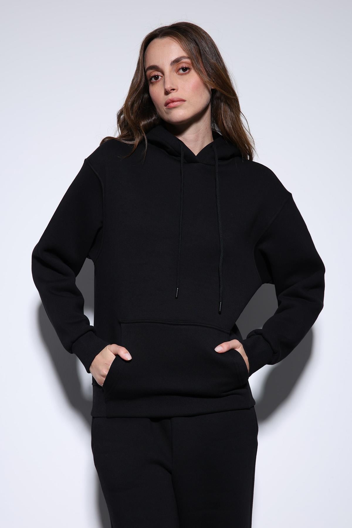 Antioch Siyah Kapüşonlu Basic Kadın Sweatshirt