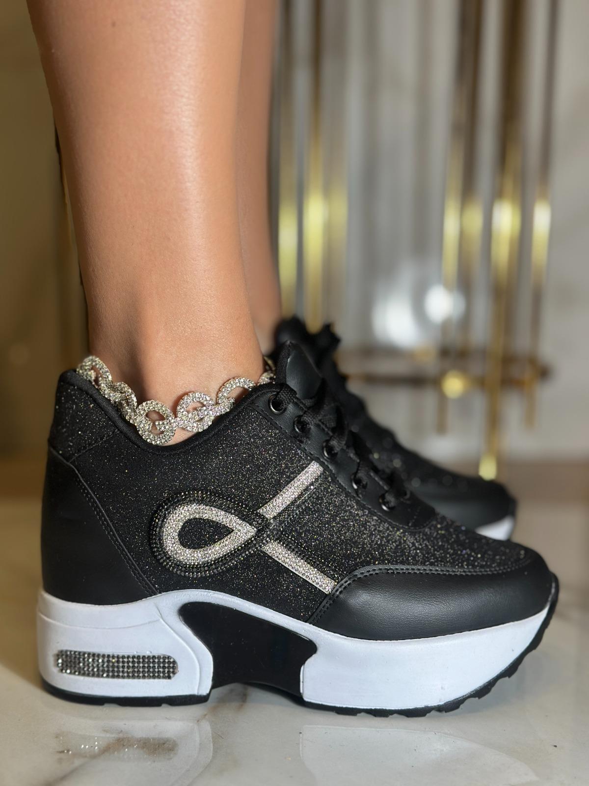 Alix Kristal Taşlı Gizli Topuk Spor Ayakkabı Siyah - WOMAN SHOES