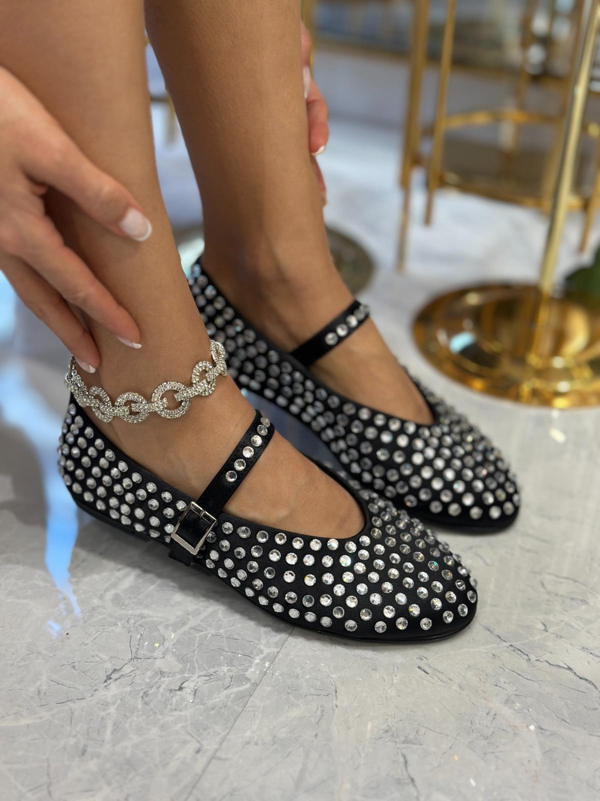 Aliya 1 Kristal Taşlı Özel Tasarım Babet Siyah