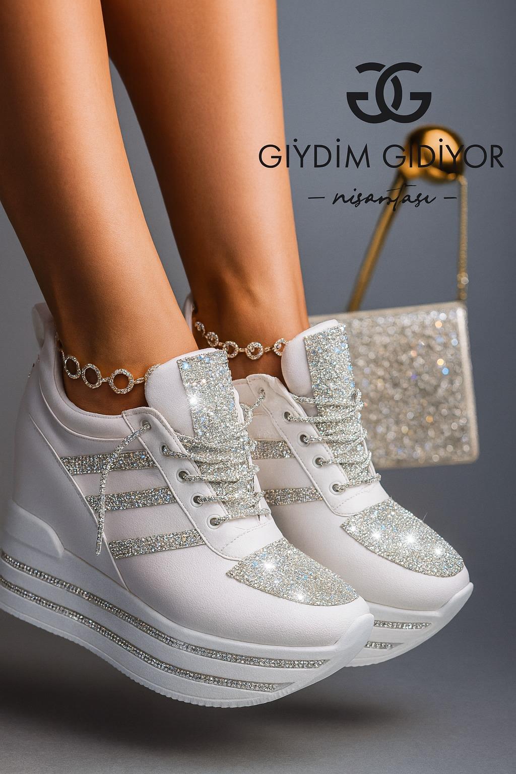 Ashley  Kristal Taşlı Gizli Topuk Spor Ayakkabı Beyaz