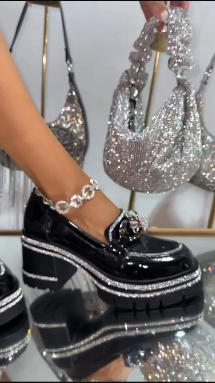 Bambi Topuklu Kristal Taşlı Rugan Loafer Siyah