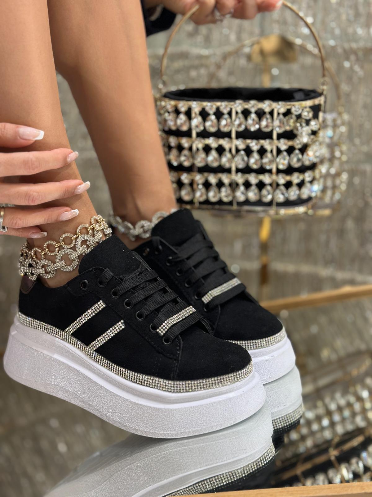 Bird Kristal Taşlı Süet Spor Ayakkabı Siyah