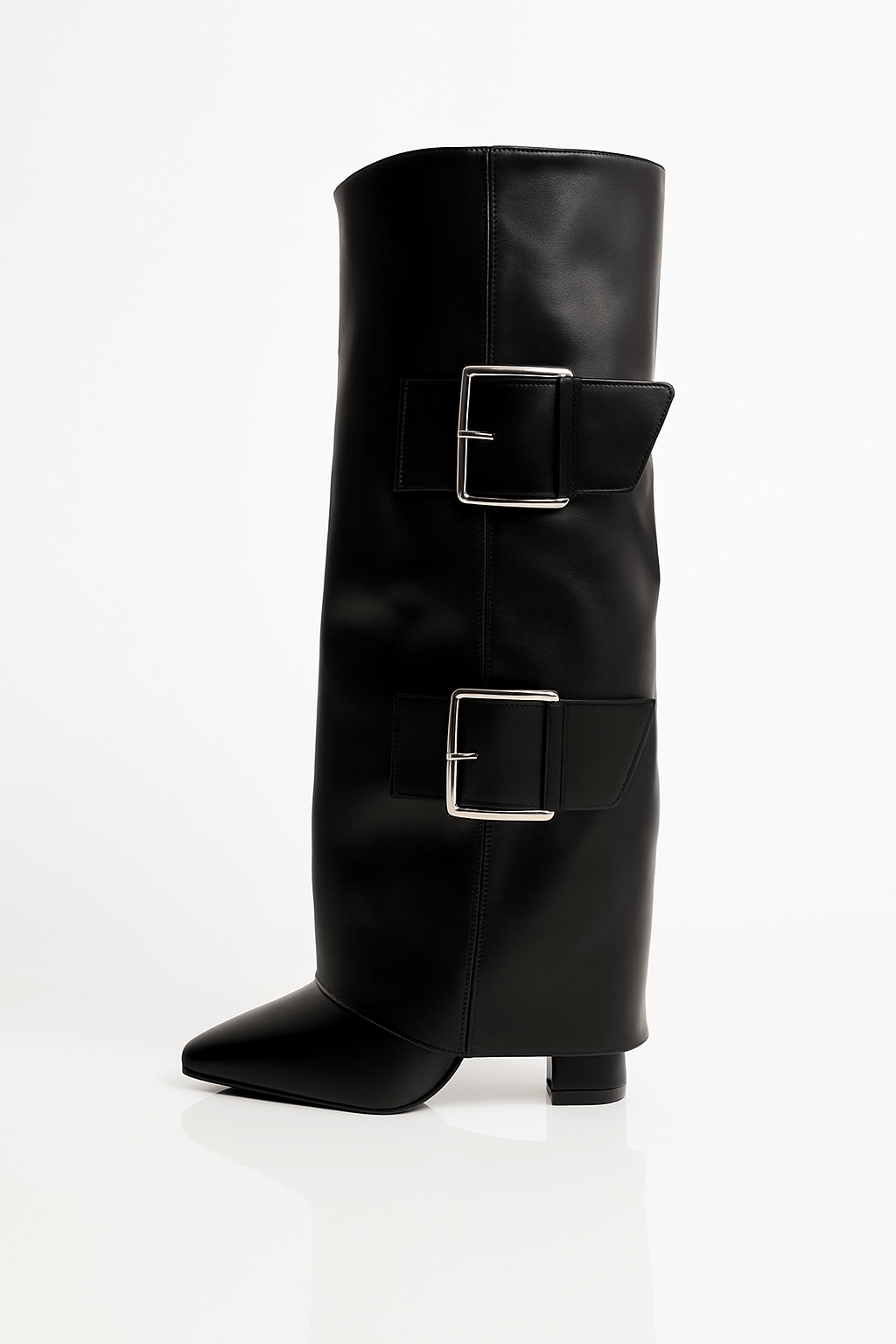 Bold Buckle Kalın Topuklu Çizme Siyah - Topuklu Çizme