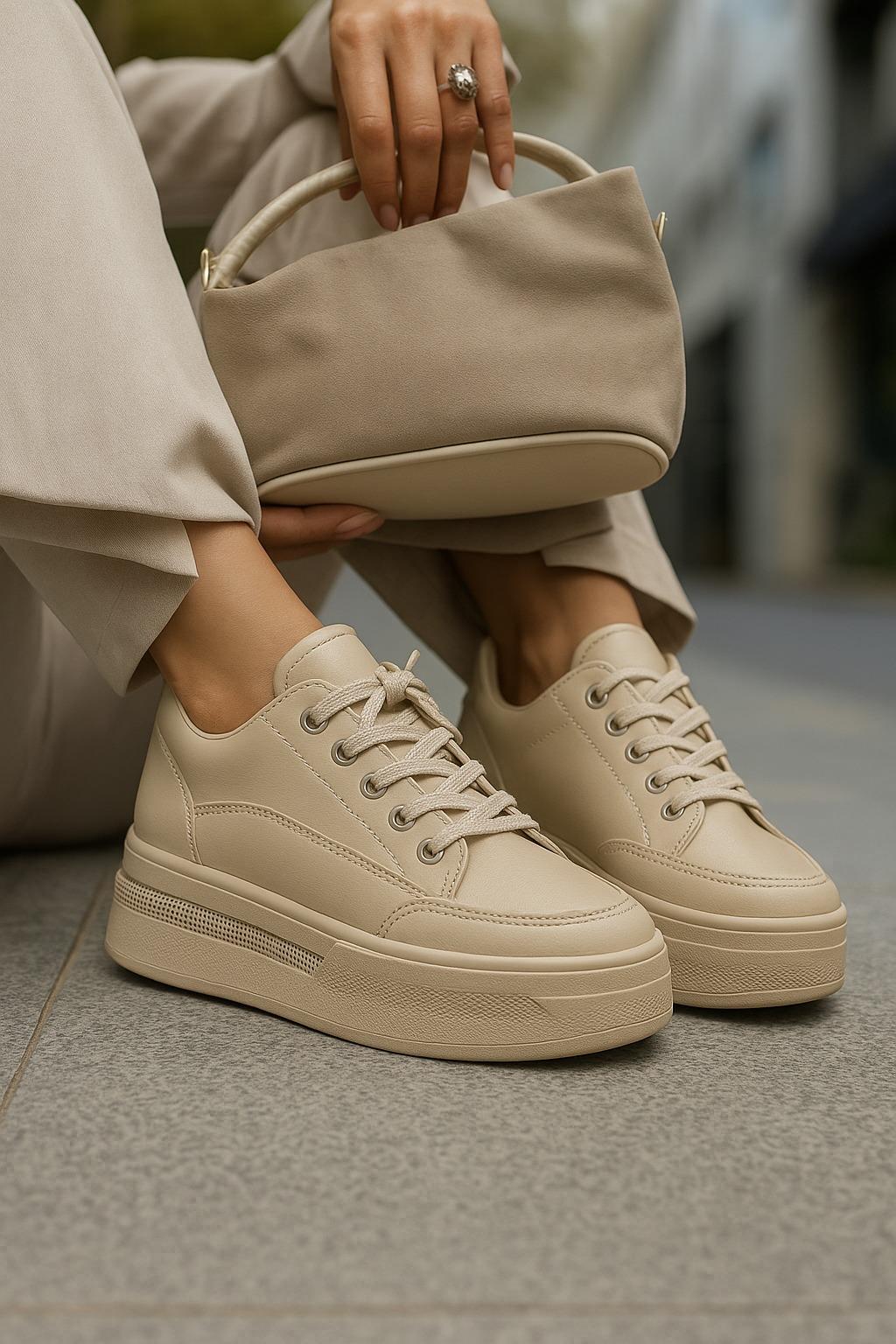 Core Kristal Taşlı Yüksek Tabanlı Spor Ayakkabı Bej - WOMAN SHOES