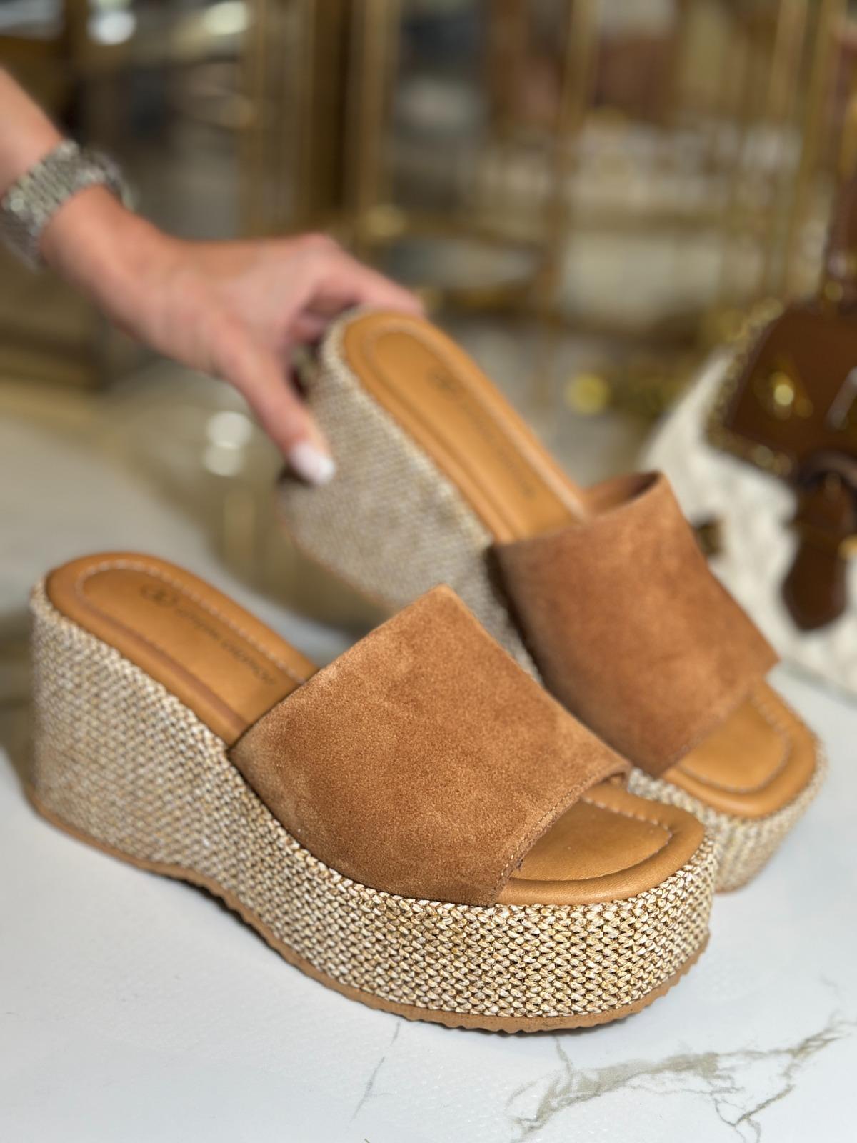 Deva Deri Dolgu Topuk Hasır Terlik Taba