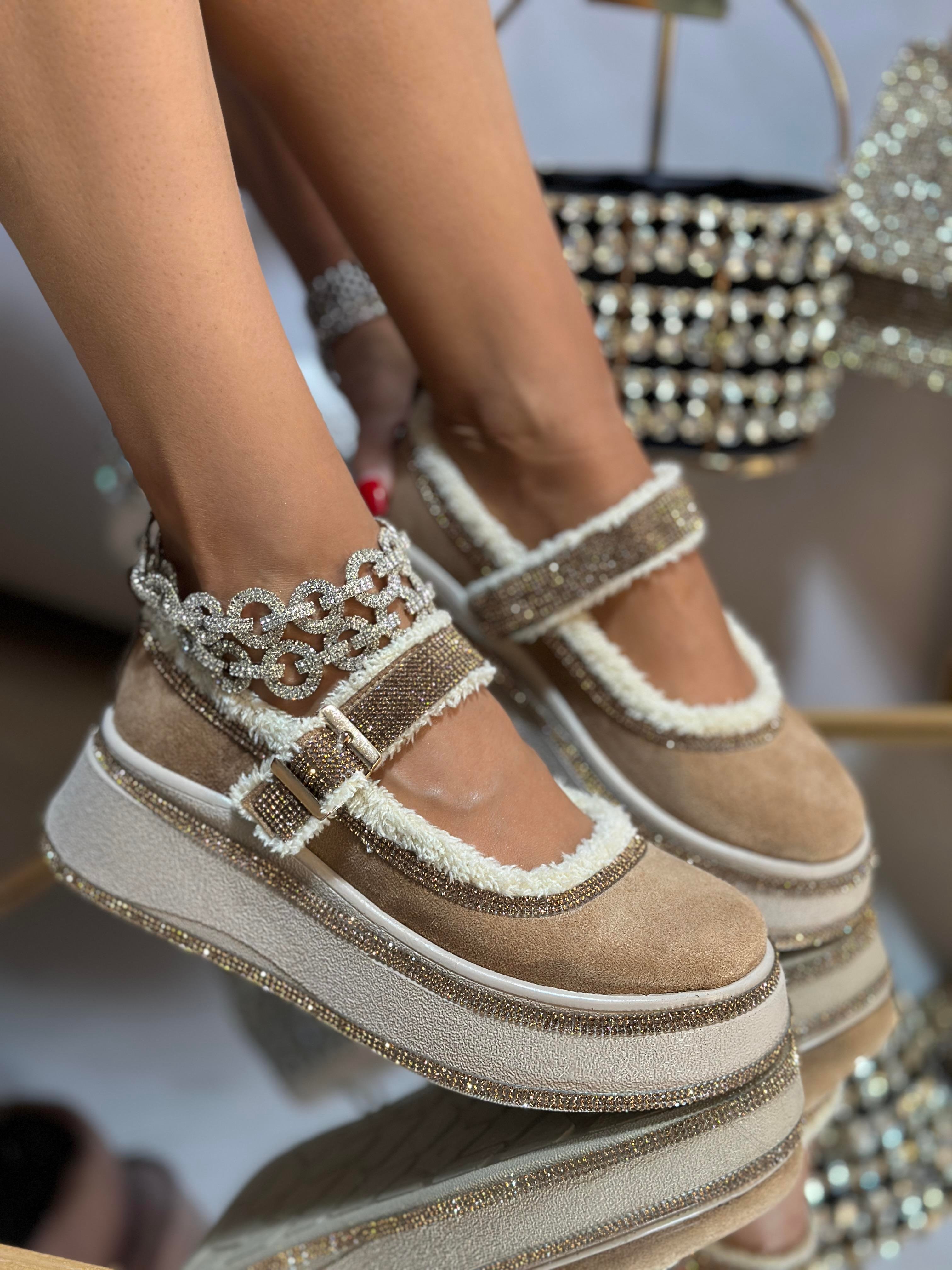 Dors Kristal Taşlı Süet Loafer Kahverengi - WOMAN SHOES