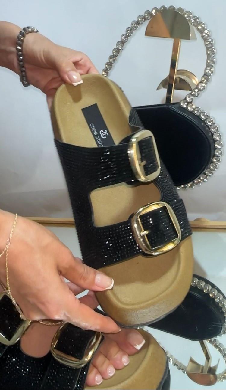 Elan Kristal Taşlı Yüksek Taban Terlik Black