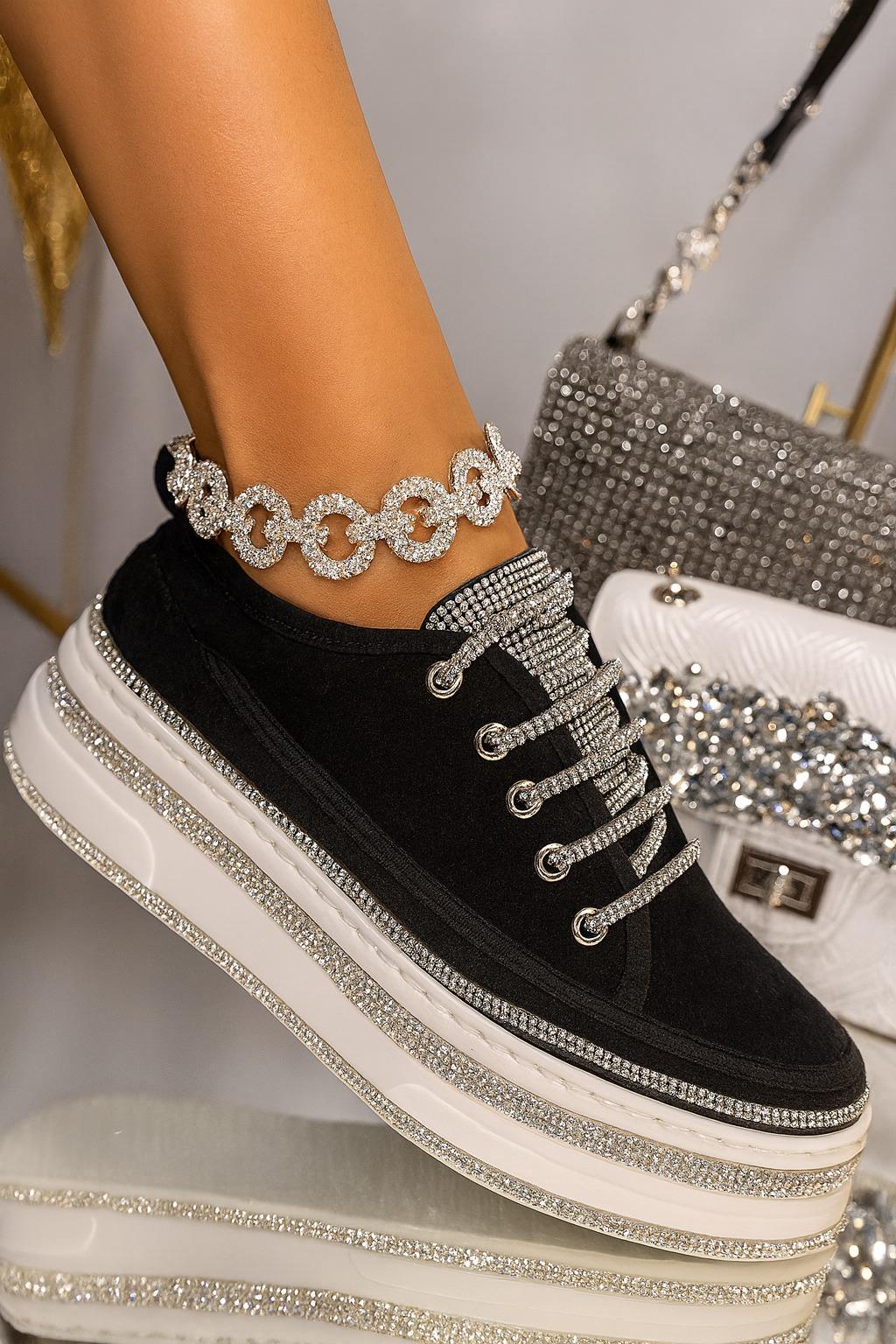 Find Kristal Taşlı Keten Spor Ayakkabı Siyah