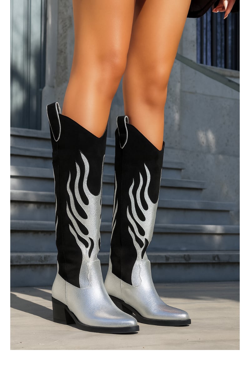 Fire Hakiki Deri Kovboy Çizme Gümüş - Cowboy Çizme