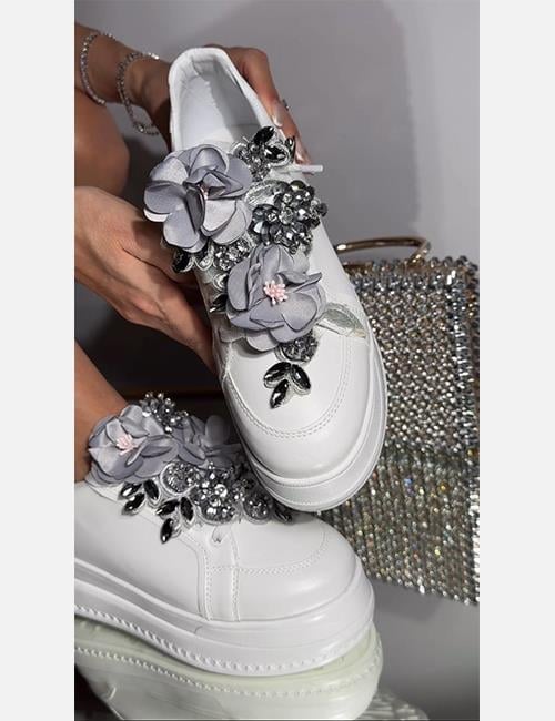 Flower Özel Tasarım Spor Ayakkabı Gümüş