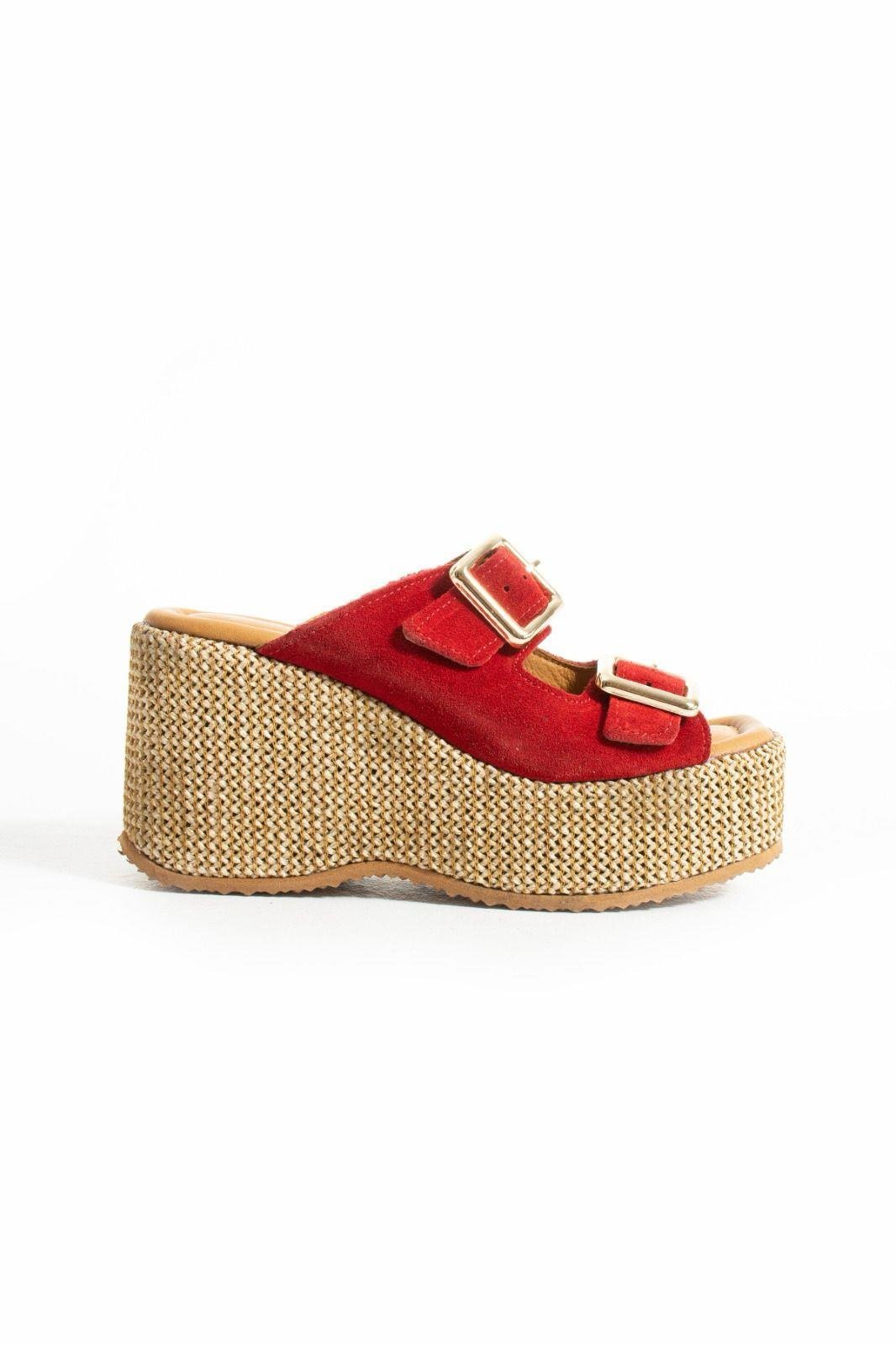 Istani Hasır Dolgu Topuk Süet Deri Terlik Kırmızı - WOMAN SHOES