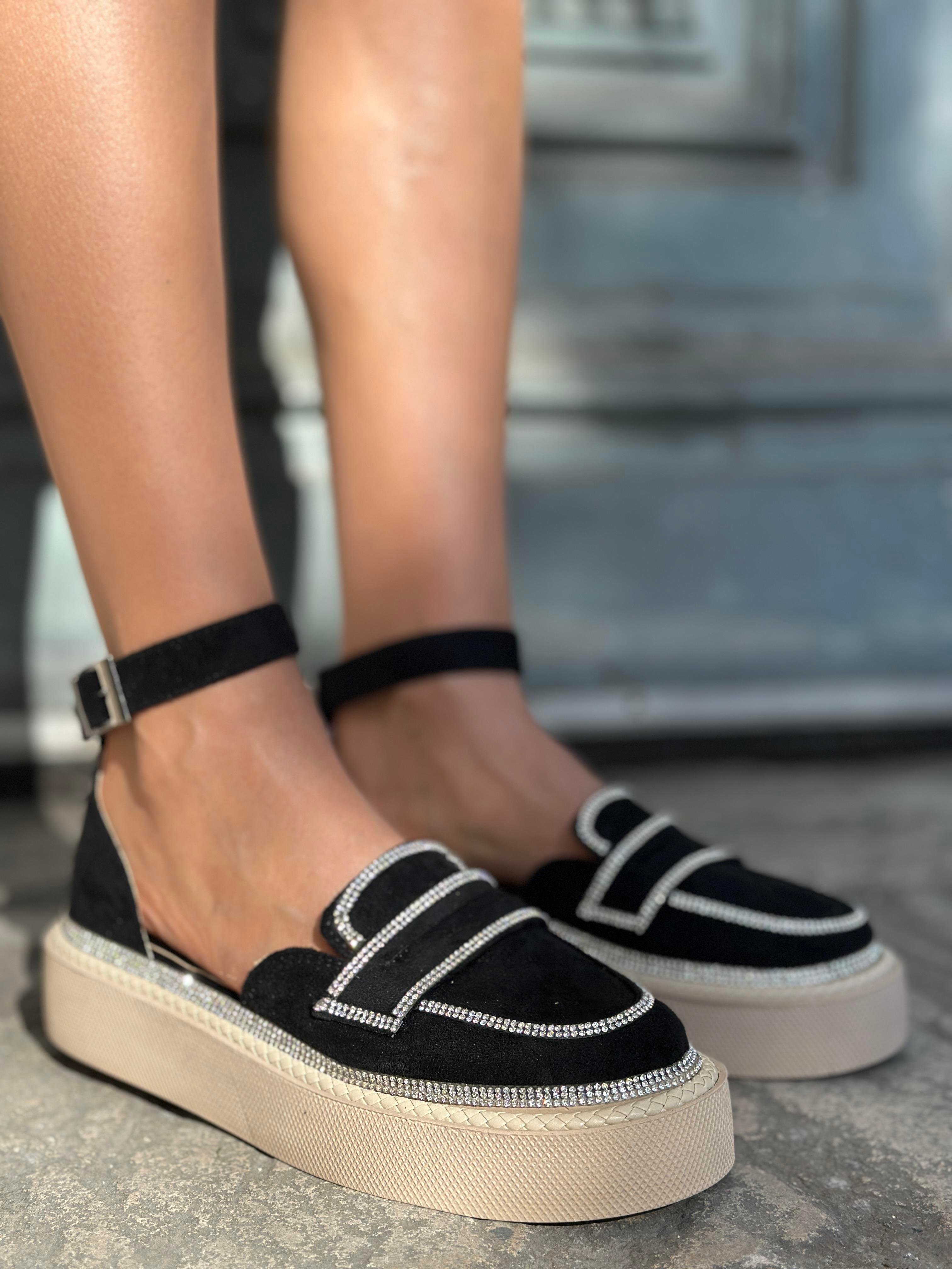 Jaz Kristal Taşlı Özel Tasarım Süet Loafer Siyah