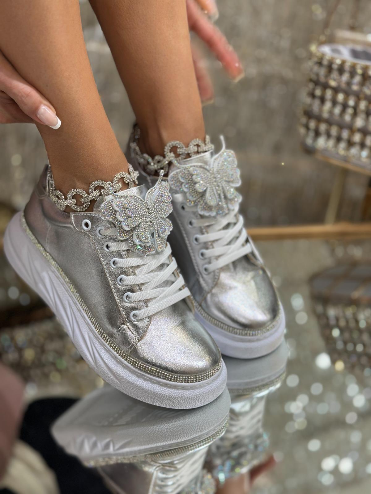 Joly Kristal Taşlı Özel Tasarım Spor Ayakkabı Gümüş