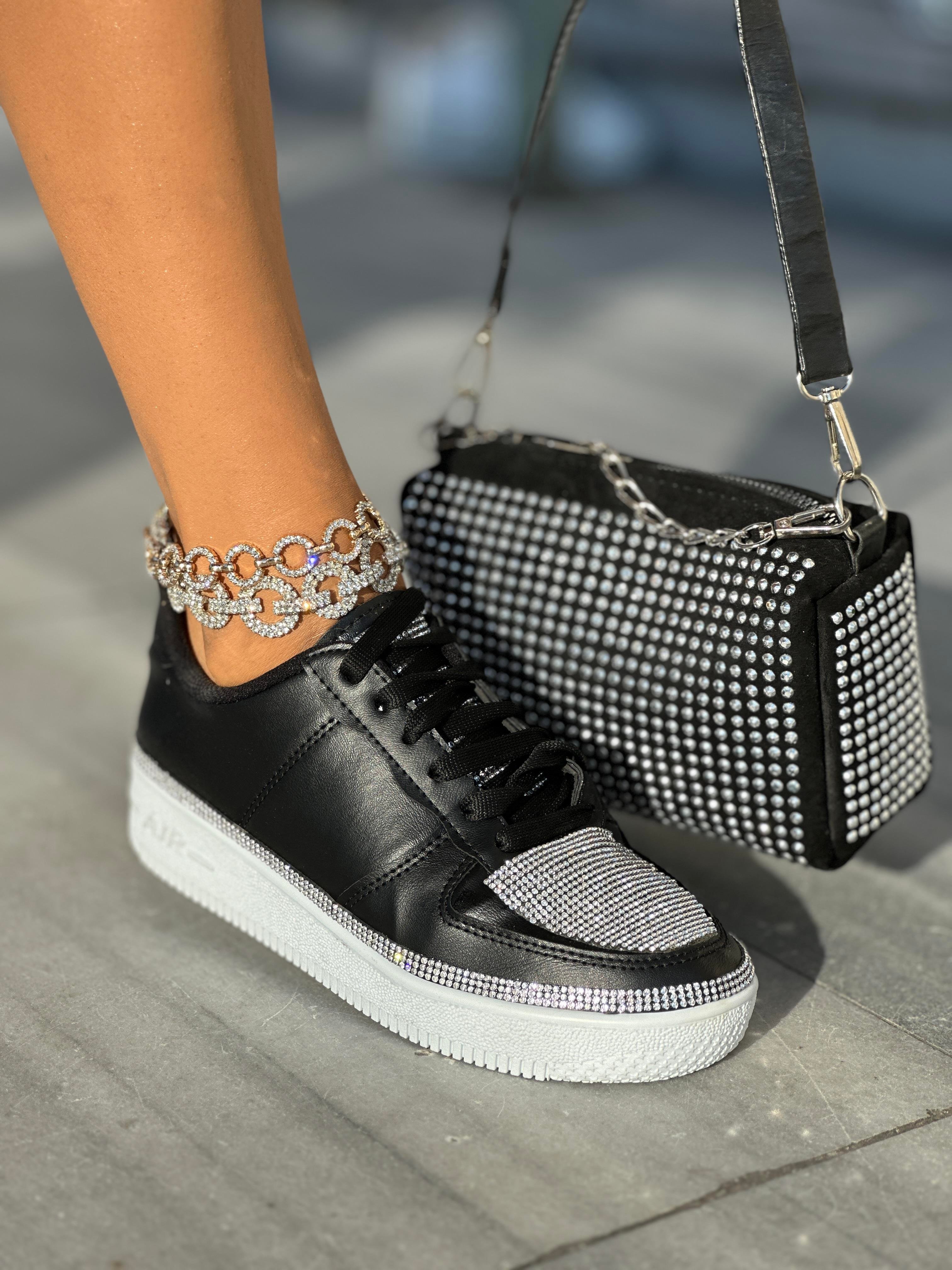 Litra Kristal Taşlı Spor Ayakkabı Siyah Beyaz