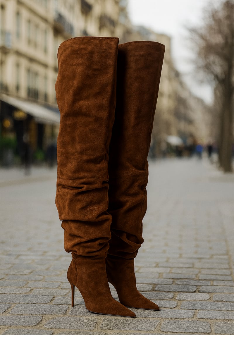 Long Class Süet Diz Üstü İnce Topuklu Çizme Kahverengi - Topuklu Çizme