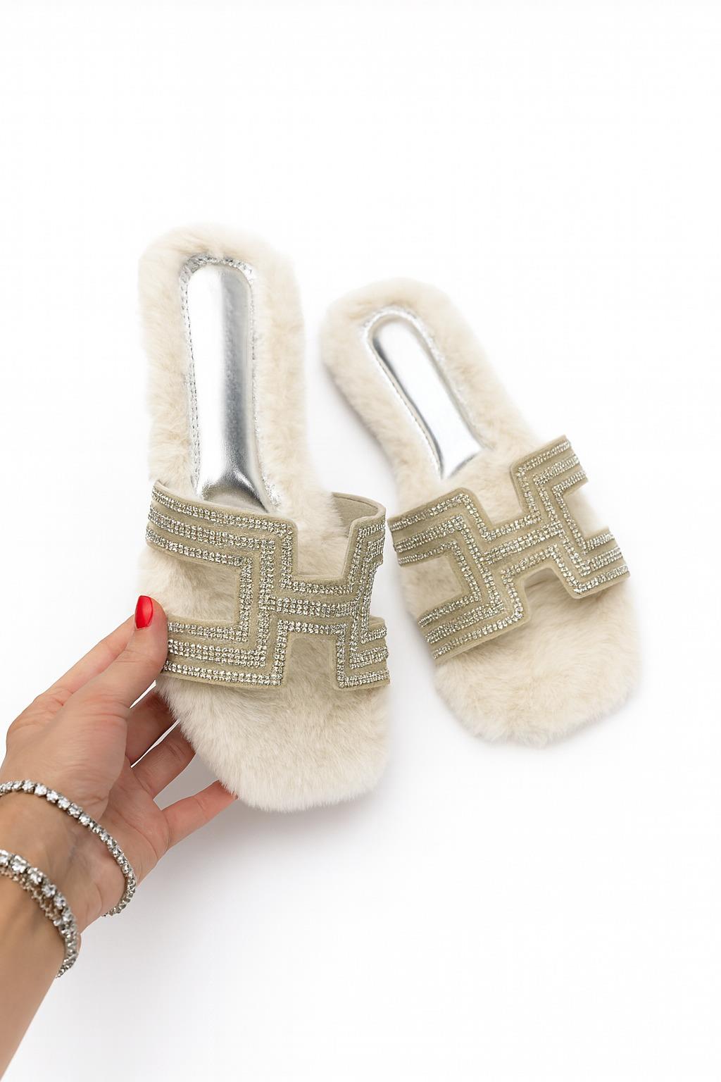 Lumay Gümüş Tüylü Terlik Bej - 