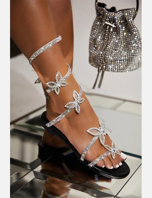 Mariposa Kelebekli Kristal Taşlı Sandalet Siyah - KADIN AYAKKABI