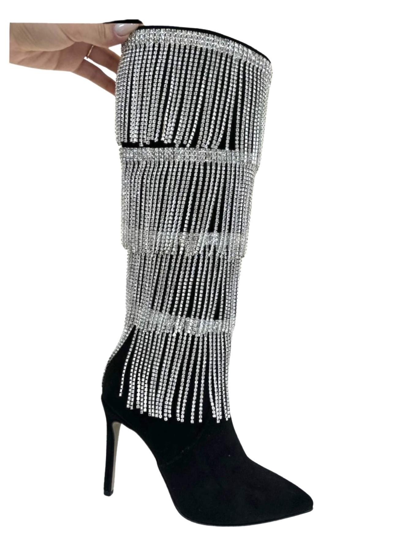 Naomi Kristal Taşlı Süet Çizme Siyah
